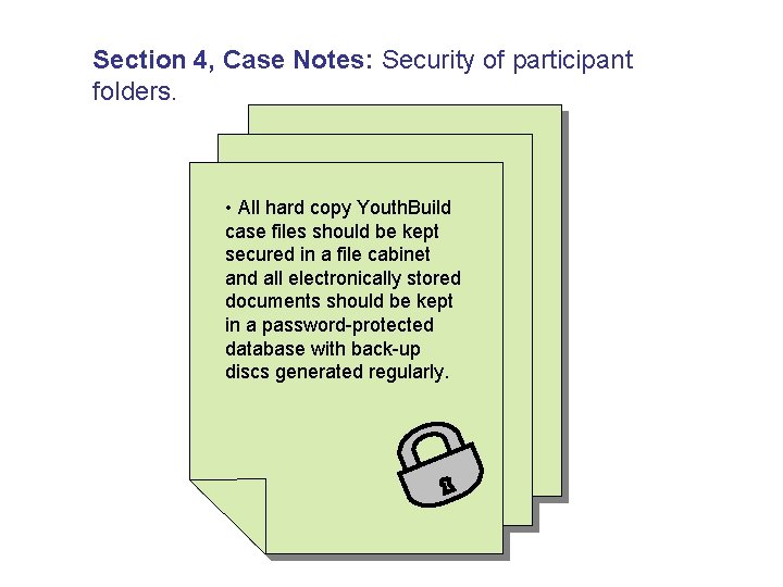 Section 4, Case Notes: Security of participant folders. • All hard copy Youth. Build