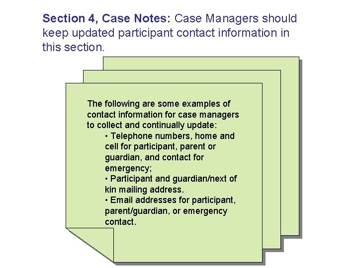Section 4, Case Notes: Case Managers should keep updated participant contact information in this