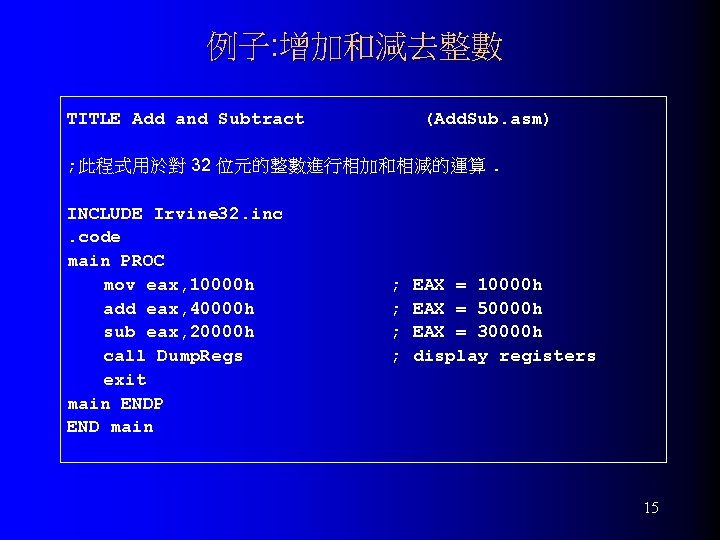 例子: 增加和減去整數 TITLE Add and Subtract (Add. Sub. asm) ; 此程式用於對 32 位元的整數進行相加和相減的運算. INCLUDE