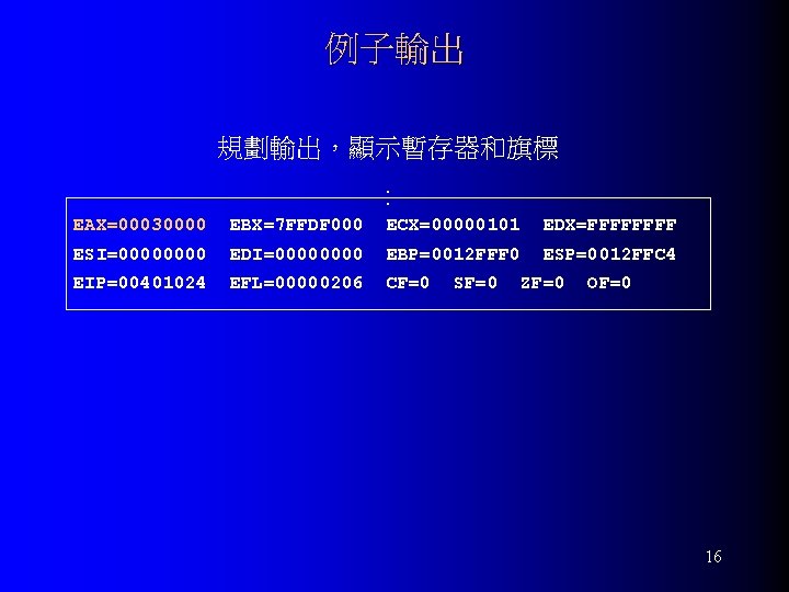 例子輸出 規劃輸出，顯示暫存器和旗標 : EAX=00030000 EBX=7 FFDF 000 ECX=00000101 EDX=FFFF ESI=0000 EDI=0000 EBP=0012 FFF 0
