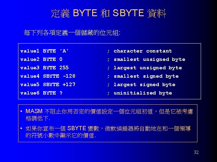 定義 BYTE 和 SBYTE 資料 每下列各項定義一個儲藏的位元組: value 1 BYTE 'A' ; character constant value