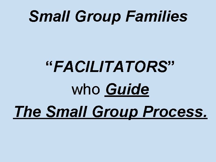 Small Group Families “FACILITATORS” who Guide The Small Group Process. 