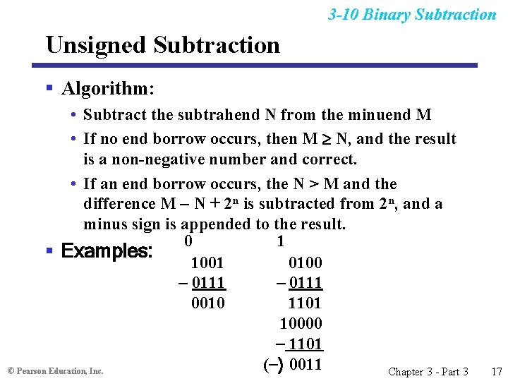 3 -10 Binary Subtraction Unsigned Subtraction § Algorithm: • Subtract the subtrahend N from