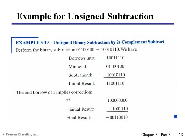 Example for Unsigned Subtraction © Pearson Education, Inc. Chapter 3 - Part 3 18