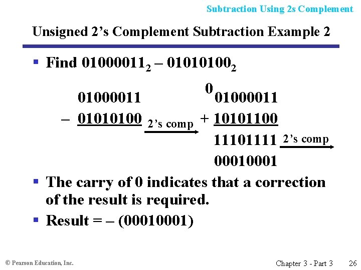 Subtraction Using 2 s Complement Unsigned 2’s Complement Subtraction Example 2 § Find 010000112