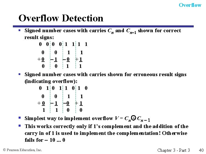 Overflow Detection § Signed number cases with carries Cn and Cn 1 shown for