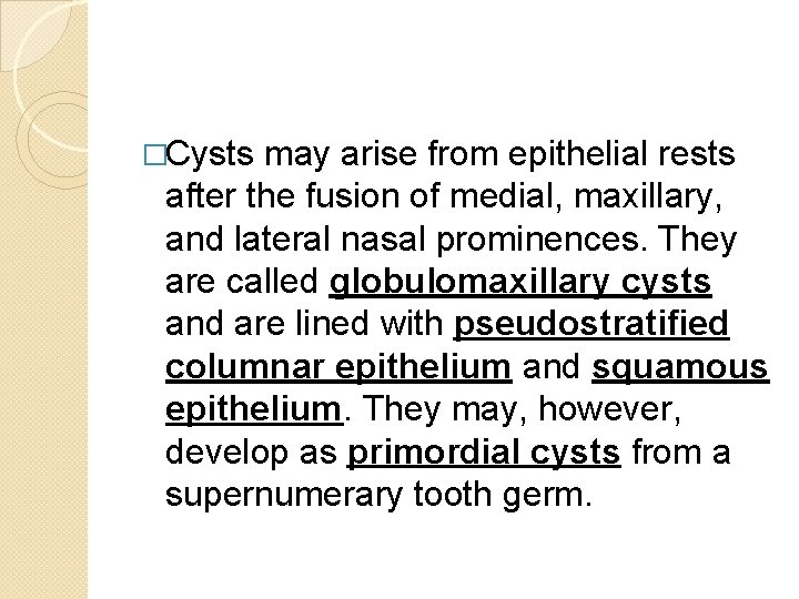 �Cysts may arise from epithelial rests after the fusion of medial, maxillary, and lateral