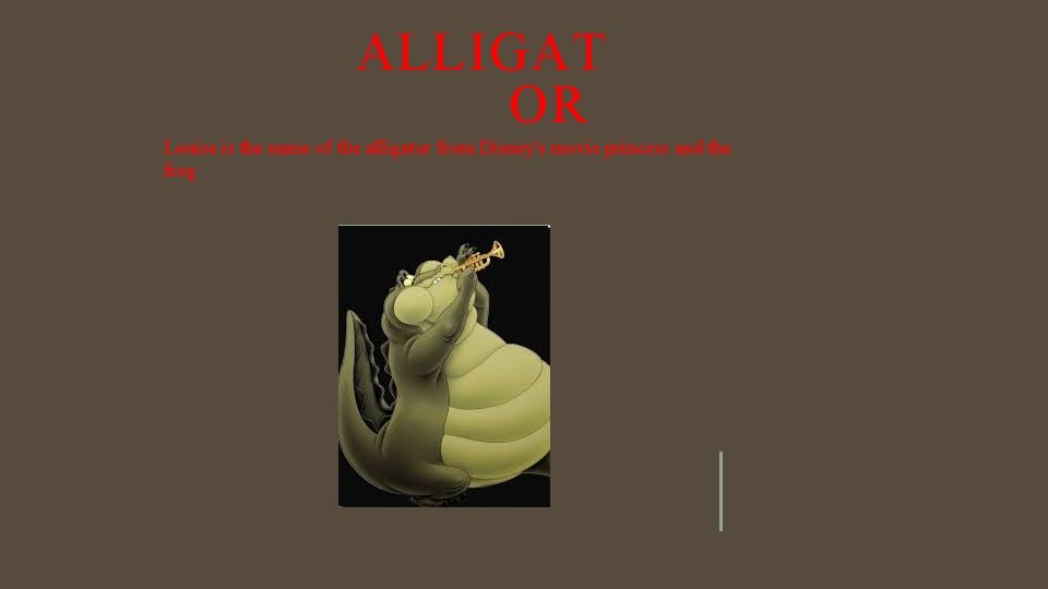 ALLIGAT OR Louise is the name of the alligator from Disney's movie princess and