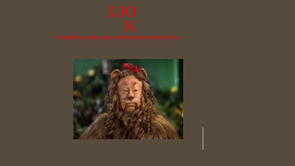 LIO N Cowardly lion is the name of the lion from wizard of Oz