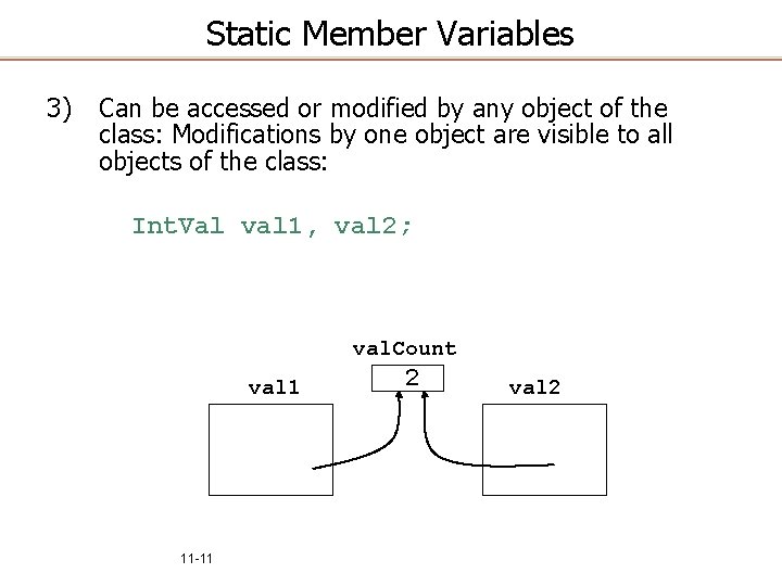 Static Member Variables 3) Can be accessed or modified by any object of the