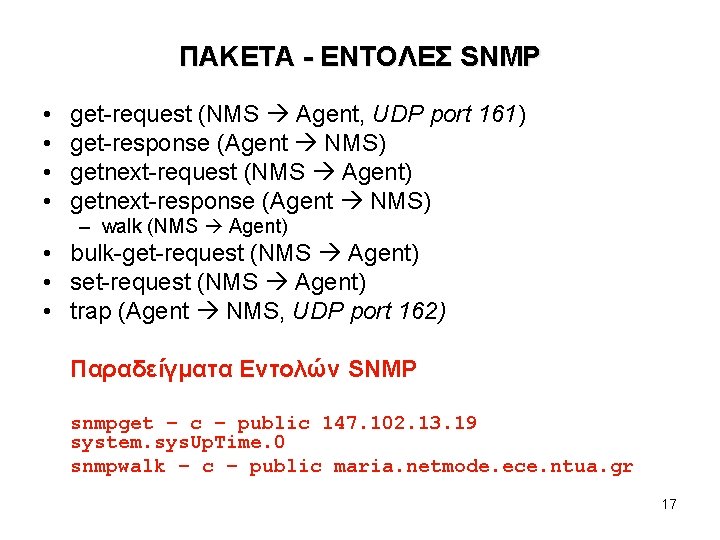 ΠΑΚΕΤΑ - ΕΝΤΟΛΕΣ SNMP • • get-request (NMS Agent, UDP port 161) get-response (Agent