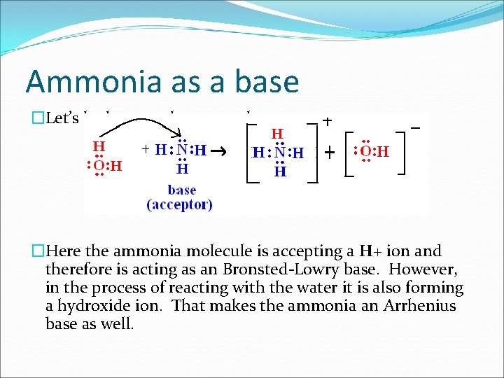 Ammonia as a base �Let’s look at another example: �Here the ammonia molecule is