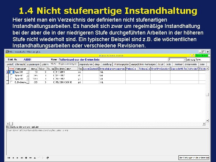 1. 4 Nicht stufenartige Instandhaltung Hier sieht man ein Verzeichnis der definierten nicht stufenartigen