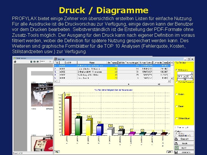 Druck / Diagramme PROFYLAX bietet einige Zehner von übersichtlich erstellten Listen für einfache Nutzung.