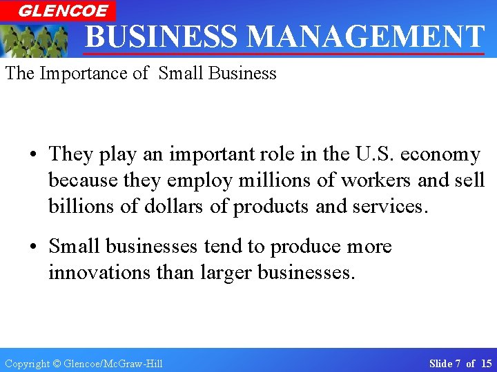 GLENCOE BUSINESS MANAGEMENT Real-World Applications The Importance of Small Business& Connections Section 1. 1