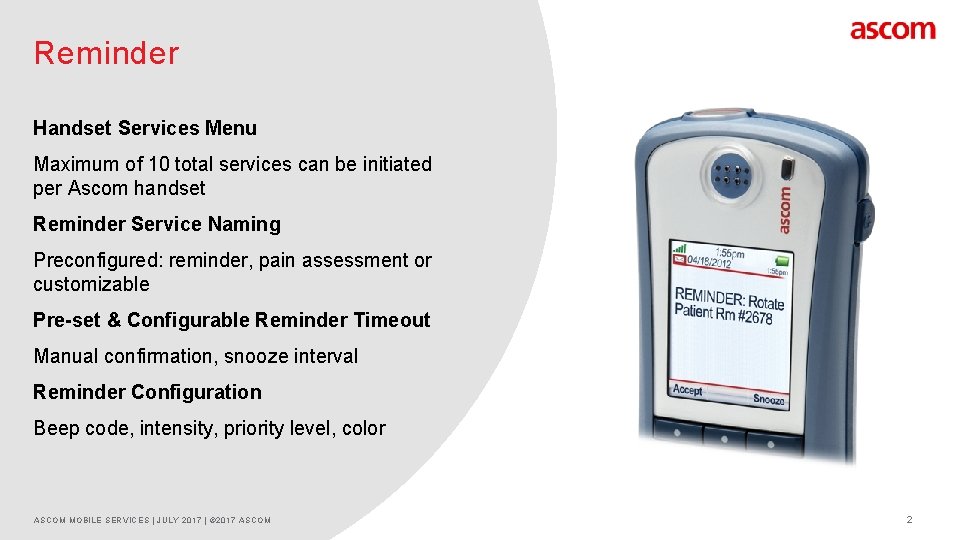 Reminder Handset Services Menu Maximum of 10 total services can be initiated per Ascom