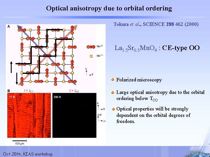 Optical anisotropy due to orbital ordering Tokura et al. , SCIENCE 288 462 (2000)