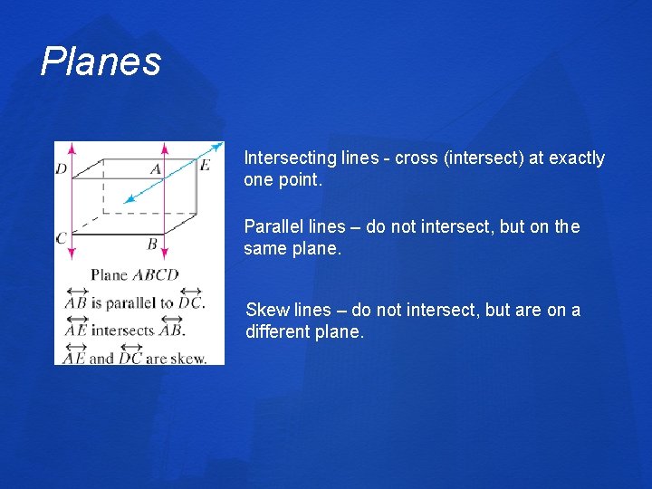 Planes Intersecting lines - cross (intersect) at exactly one point. Parallel lines – do