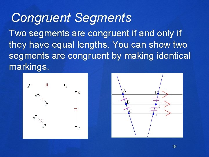 Congruent Segments Two segments are congruent if and only if they have equal lengths.