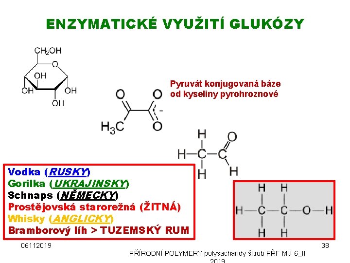 ENZYMATICKÉ VYUŽITÍ GLUKÓZY Pyruvát konjugovaná báze od kyseliny pyrohroznové Vodka (RUSKY) Gorilka (UKRAJINSKY) Schnaps