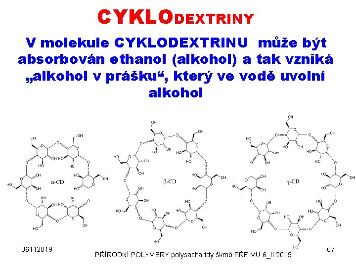 CYKLODEXTRINY V molekule CYKLODEXTRINU může být absorbován ethanol (alkohol) a tak vzniká „alkohol v