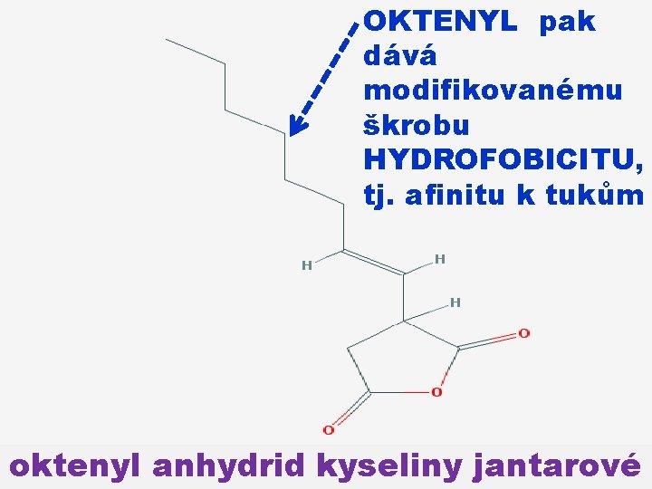 OKTENYL pak dává modifikovanému škrobu HYDROFOBICITU, tj. afinitu k tukům oktenyl anhydrid kyseliny jantarové