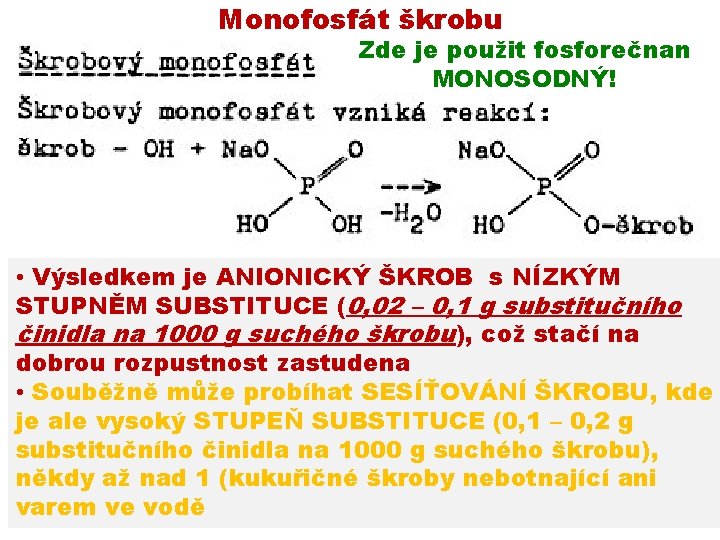 Monofosfát škrobu Zde je použit fosforečnan MONOSODNÝ! • Výsledkem je ANIONICKÝ ŠKROB s NÍZKÝM