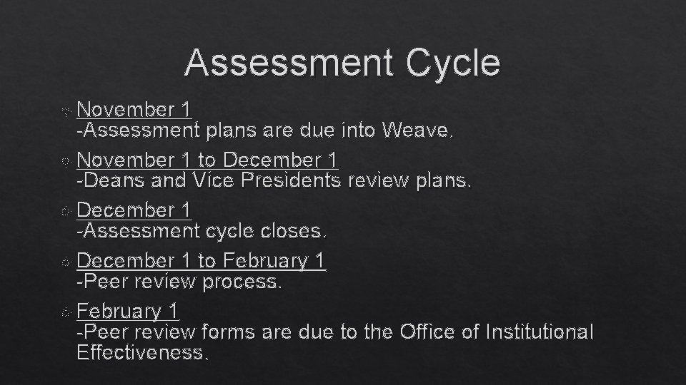 Assessment Cycle November 1 -Assessment plans are due into Weave. November 1 to December