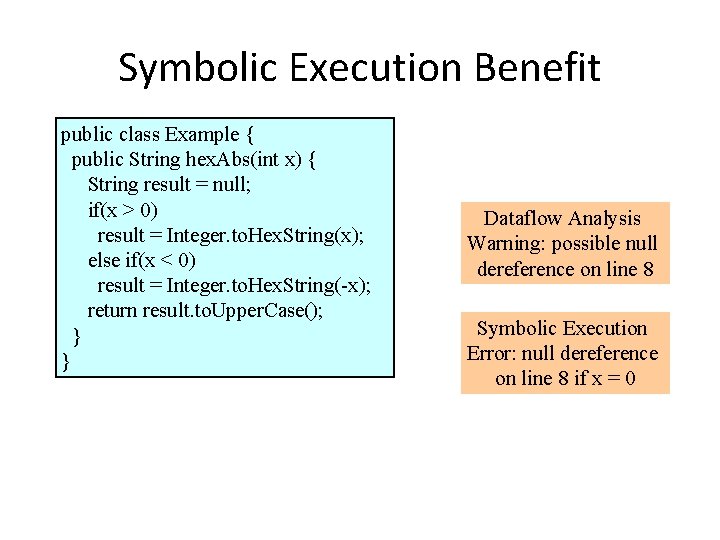 Symbolic Execution Benefit public class Example { public String hex. Abs(int x) { String
