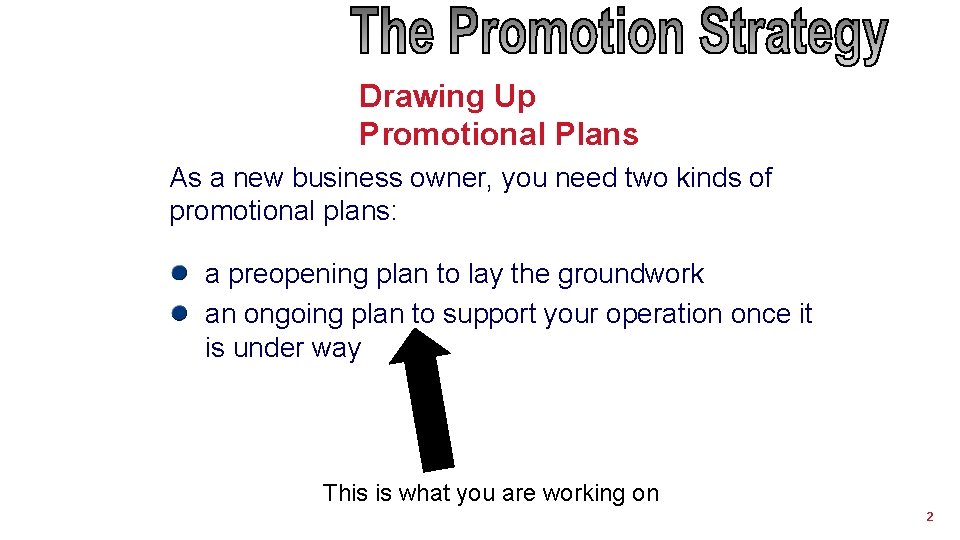 Drawing Up Promotional Plans As a new business owner, you need two kinds of