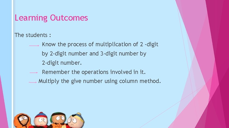 Learning Outcomes The students : Know the process of multiplication of 2 -digit by