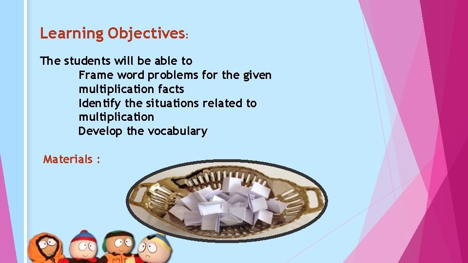 Learning Objectives: The students will be able to Frame word problems for the given