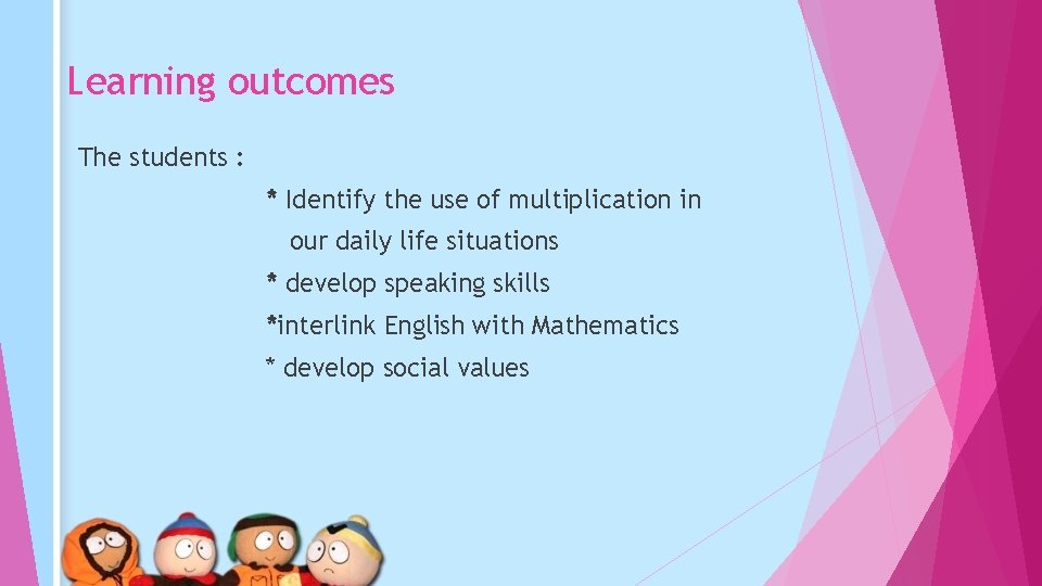 Learning outcomes The students : * Identify the use of multiplication in our daily