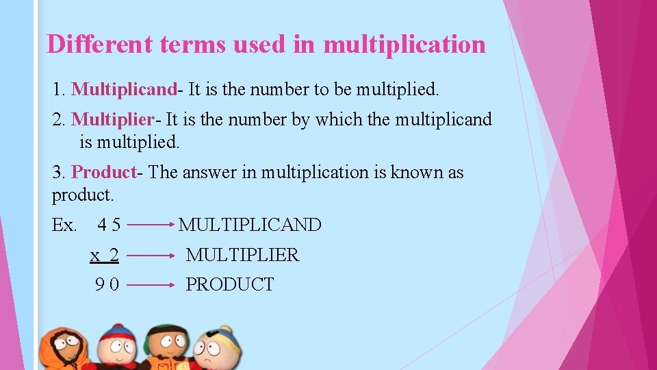 Different terms used in multiplication 1. Multiplicand- It is the number to be multiplied.