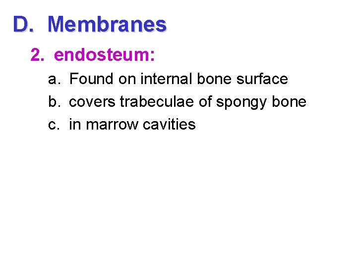 D. Membranes 2. endosteum: a. Found on internal bone surface b. covers trabeculae of