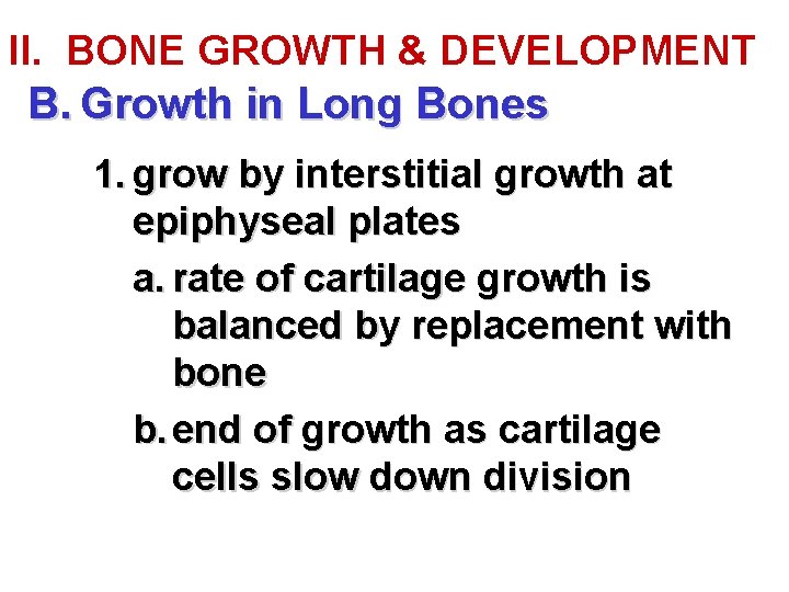 II. BONE GROWTH & DEVELOPMENT B. Growth in Long Bones 1. grow by interstitial