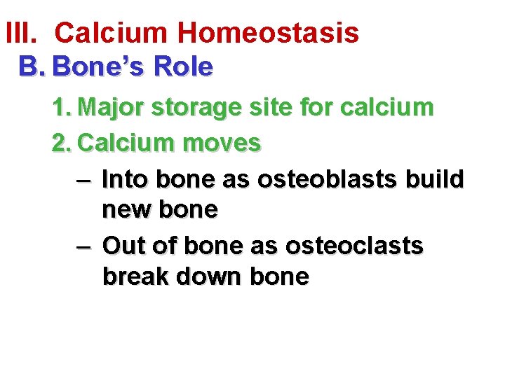 III. Calcium Homeostasis B. Bone’s Role 1. Major storage site for calcium 2. Calcium