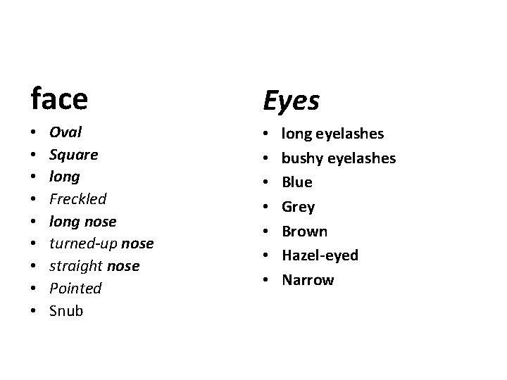 face • • • Oval Square long Freckled long nose turned-up nose straight nose