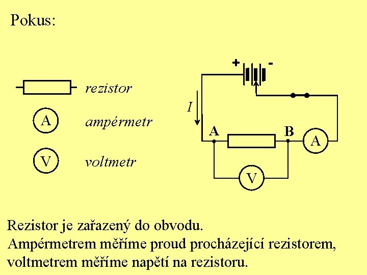 Pokus: - + rezistor A V ampérmetr I A B A voltmetr V Rezistor