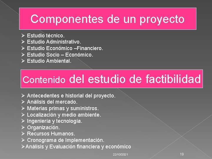 Componentes de un proyecto Ø Estudio técnico. Ø Estudio Administrativo. Ø Estudio Económico –Financiero.