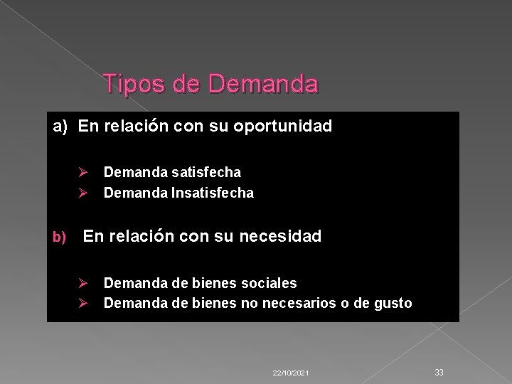 Tipos de Demanda a) En relación con su oportunidad Ø Ø b) Demanda satisfecha