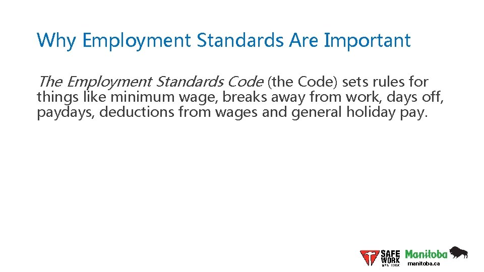 Why Employment Standards Are Important The Employment Standards Code (the Code) sets rules for