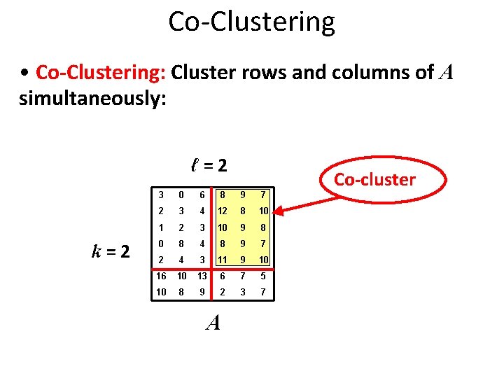 Co-Clustering • Co-Clustering: Cluster rows and columns of A simultaneously: ℓ=2 k=2 3 0