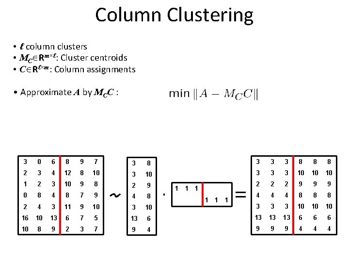 Column Clustering • ℓ column clusters • MC Rm×ℓ: Cluster centroids • C Rℓ×m: