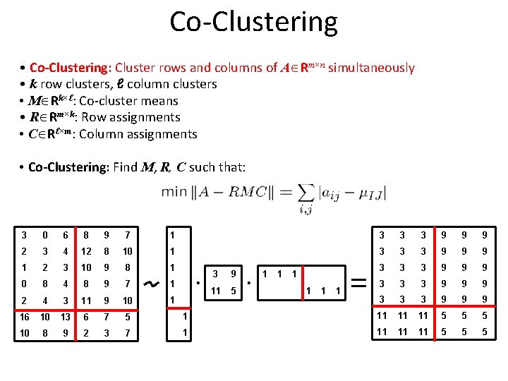Co-Clustering • Co-Clustering: Cluster rows and columns of A Rm×n simultaneously • k row