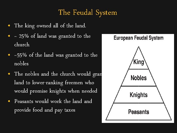 The Feudal System • The king owned all of the land. • ~ 25%