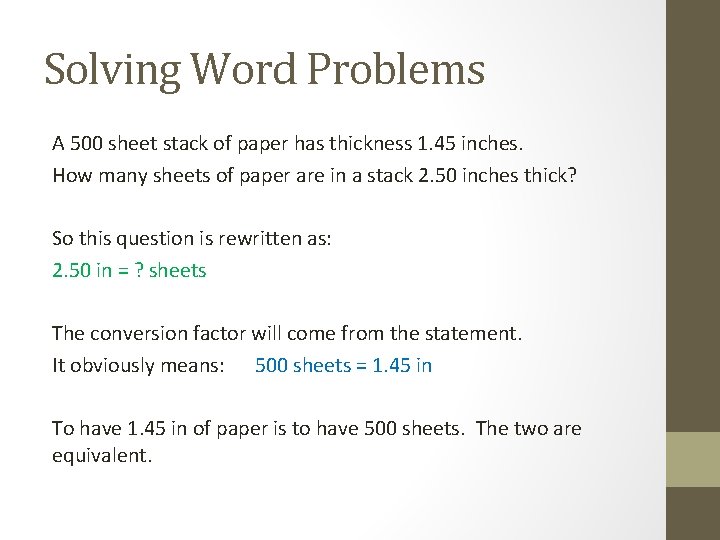 Solving Word Problems A 500 sheet stack of paper has thickness 1. 45 inches.