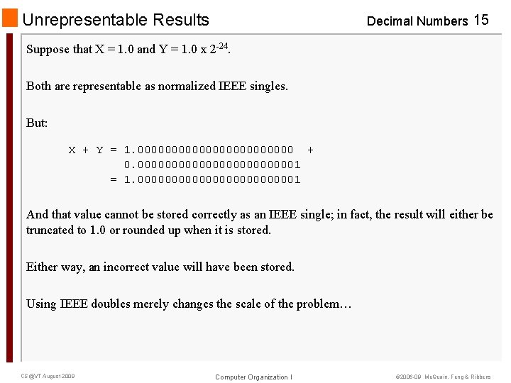 Unrepresentable Results Decimal Numbers 15 Suppose that X = 1. 0 and Y =