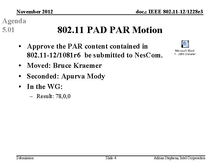 November 2012 Agenda 5. 01 doc. : IEEE 802. 11 -12/1228 r 3 802.