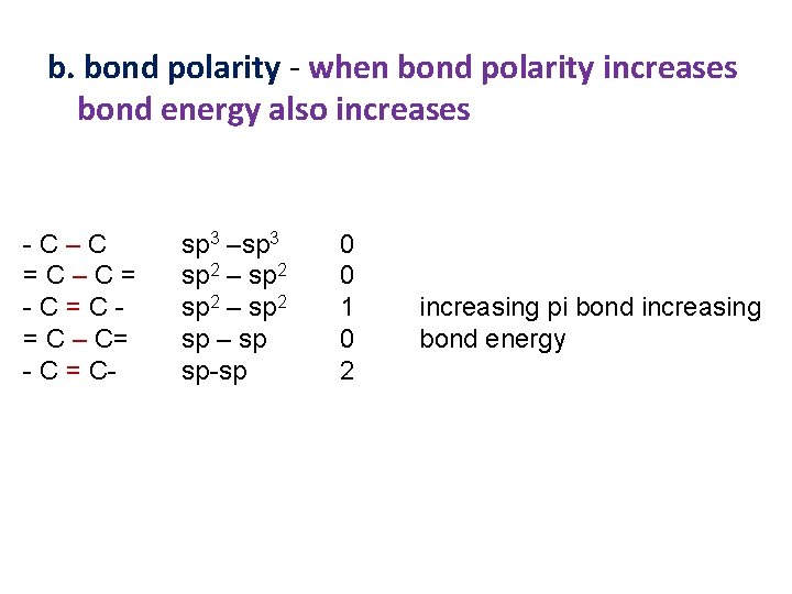 b. bond polarity - when bond polarity increases bond energy also increases -C–C =C–C=